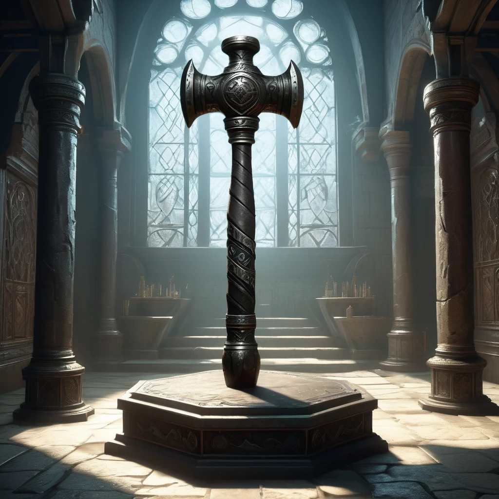 Visualize a medieval fantasy hammer resting atop a weathered stone pedestal in the center of an empty, ancient chamber. The hammer's handle is hewn from sturdy oak, wrapped in supple leather adorned with intricate runes that faintly shimmer with arcane power. Its head, forged from an ancient, enchanted metal, gleams with a dull silver sheen and is inscribed with symbols of protection and strength. Dust motes dance in the air, illuminated by faint rays of sunlight filtering through a high, arched window. The room is lined with towering shelves filled with dusty tomes and artifacts from forgotten ages, hinting at the hammer's storied history. Capture the solemn atmosphere of this chamber, where the mystical hammer awaits a destined hero to wield it against the encroaching darkness of a medieval fantasy world."