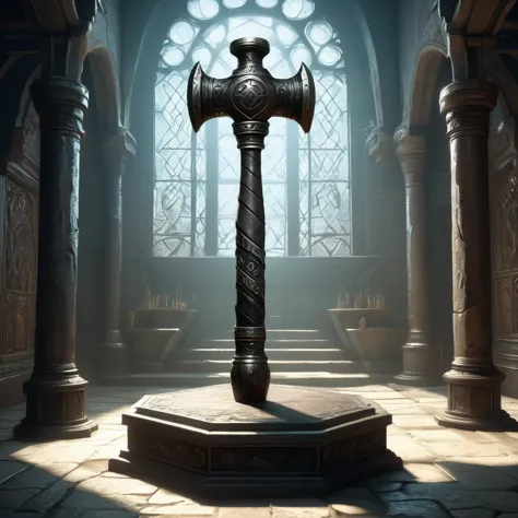 visualize a medieval fantasy hammer resting atop a weathered stone pedestal in the center of an empty, ancient chamber. the hamm...