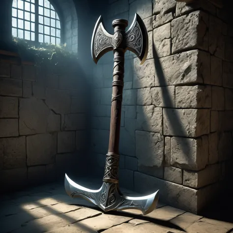 Picture a medieval fantasy axe leaning against a weathered stone wall in the corner of an empty, dimly lit chamber. The axe's ha...