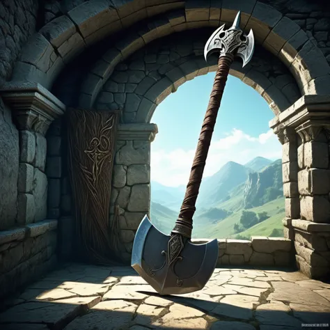 Picture a medieval fantasy axe leaning against a weathered stone wall in the corner of an empty, dimly lit chamber. The axe's ha...