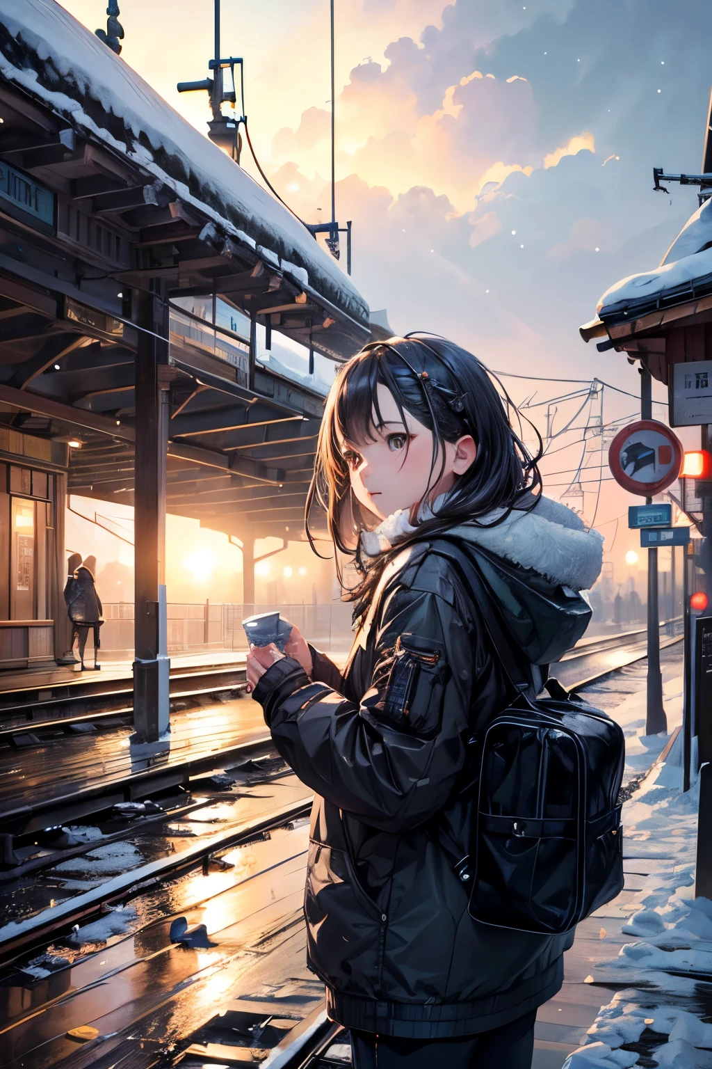 (Scenery before dawn:1.５)、Snow-covered station platform in a rural town、Diesel trains、Extending railway line、winter、Faint starry sky、People waiting for a train、Photorealistic、Photorealistic:1.37、Highest quality、4K、8K、High resolution、masterpiece:1.2、Super detailed、HDR、uhd、Studio Lighting、Ultra-fine painting、Sharp Focus、Physically Based Rendering、Extremely detailed depiction、professional、Bright colors、Bokeh、wtrcolor style