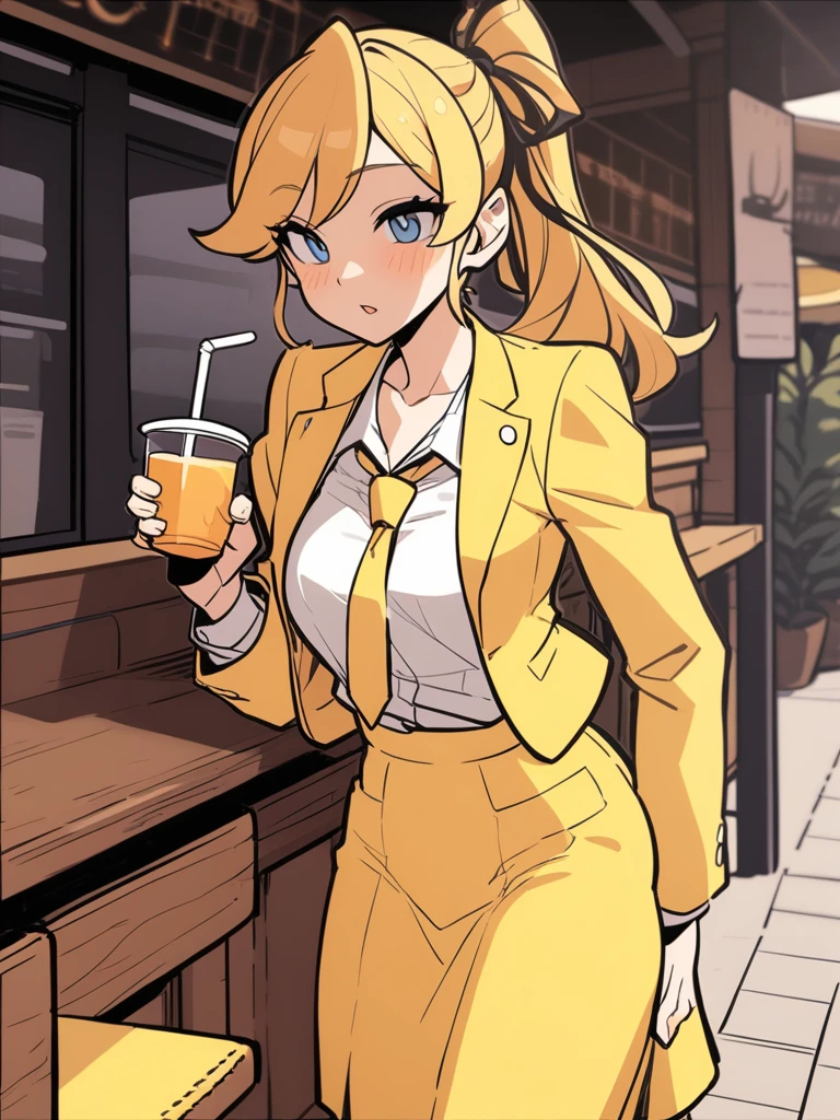 Archikes, Hair Ribbon, 
tie, Yellow Jacket, Yellow Skirt,
One girl, Cafe, orange juice, straw,
masterpiece, Highest quality