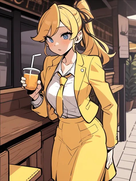 archikes, hair ribbon, 
tie, yellow jacket, yellow skirt,
one girl, cafe, orange juice, straw,
masterpiece, highest quality