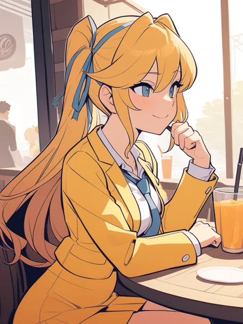 archikes, hair ribbon, 
tie, yellow jacket, yellow skirt,
one girl, cafe, orange juice, straw,
masterpiece, highest quality