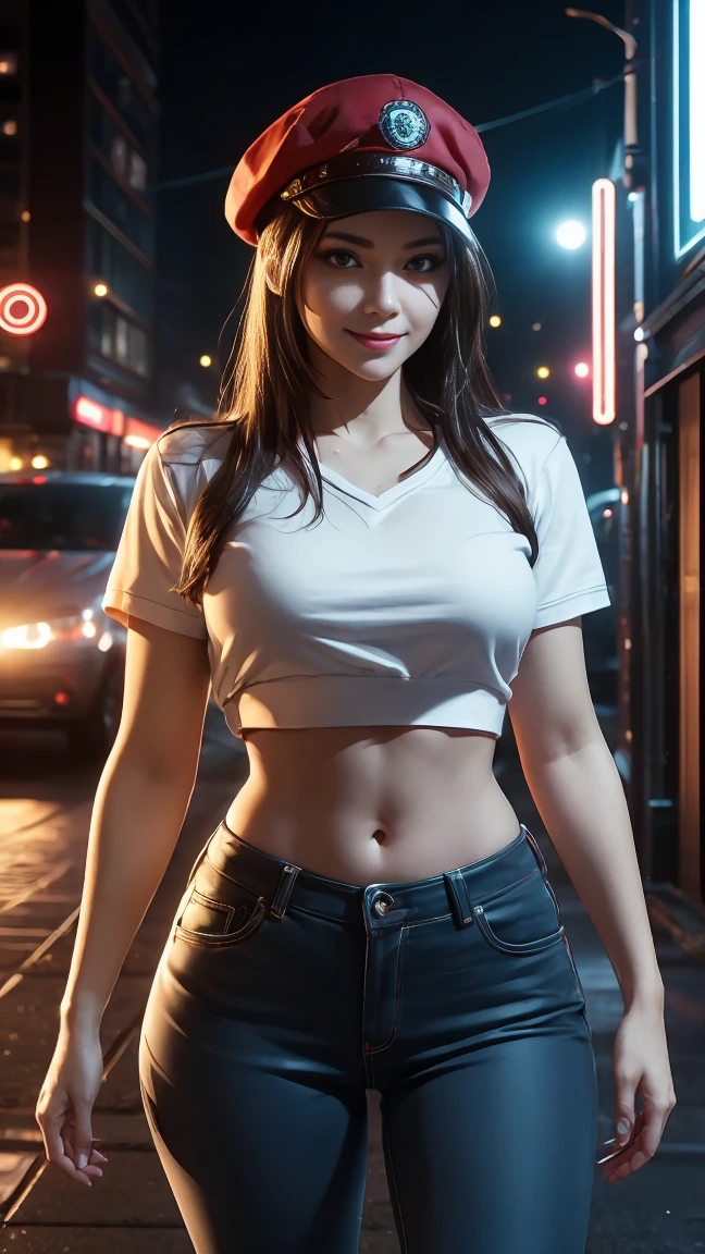 1girll, big brea beautiful, pervert smirk, Wear a red hat, 耳Nipe Ring, Red camouflage, Red sweatshirt, red-skinny pants, long whitr hair, brown hair, mascara, nose lips, standing on your feet, midriff, navy, 耳Nile Ring, (Realistis:1.5), cyber punk perssonage, neon city, neonlight, 3D, CGI, White sclera, with brown eye, ((A shallow smile:1.2)), Real lighting, Do not show your chest