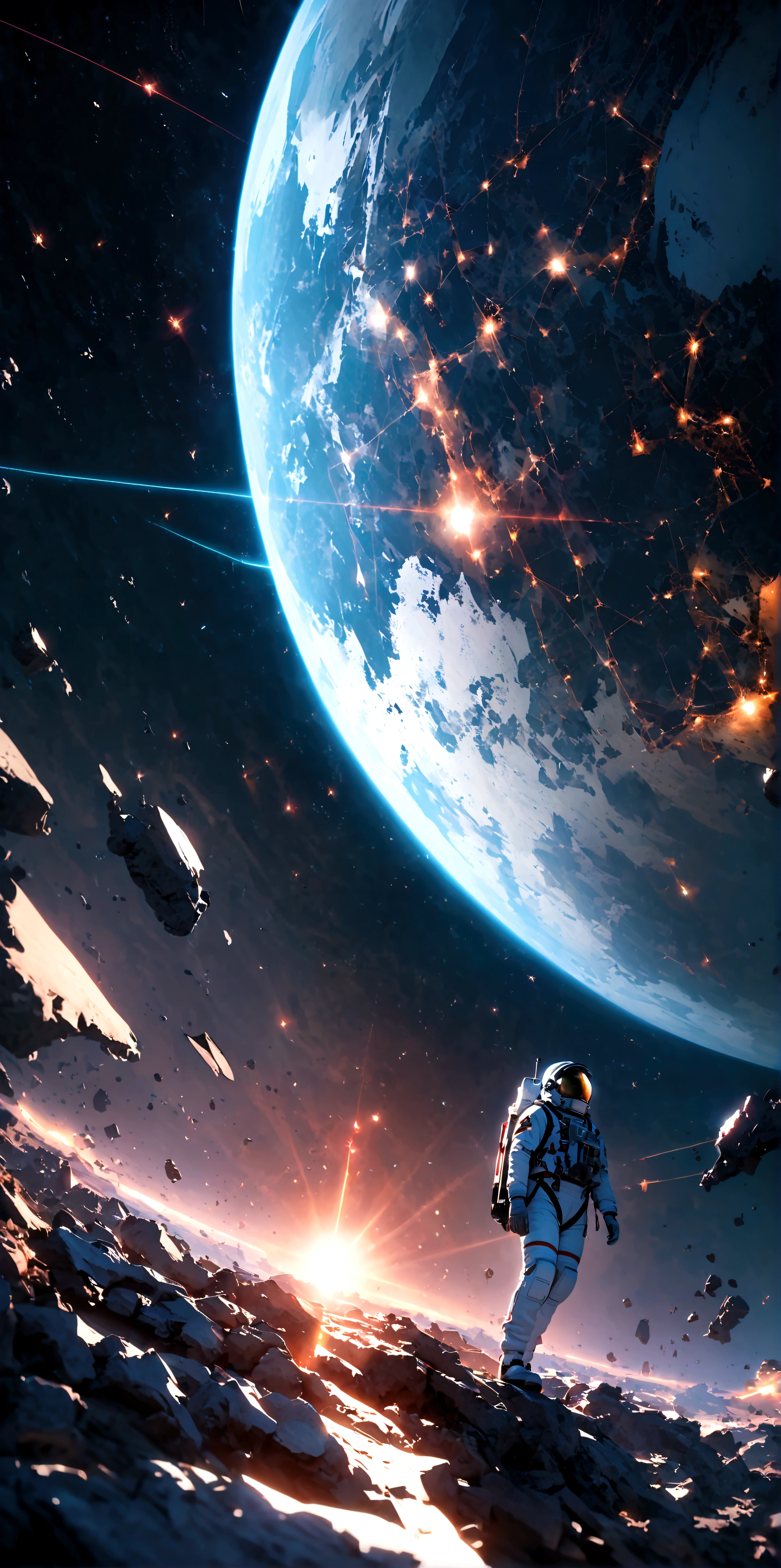 quality\(8k,wallpaper of extremely detailed CG unit, ​masterpiece,hight resolution,top-quality,top-quality real texture skin,hyper realisitic,increase the resolution,RAW photos,best qualtiy,highly detailed,the wallpaper,cinematic lighting,ray trace,golden ratio\), BREAK ,solo,1astronaut wearing space suit floating aimlessly in the galaxy\(dark,beautiful,beautiful stars\) and behind him a beautiful dazzling sun surely rising from behind the large beautiful (blue earth:1.6),(long shot:1.5)