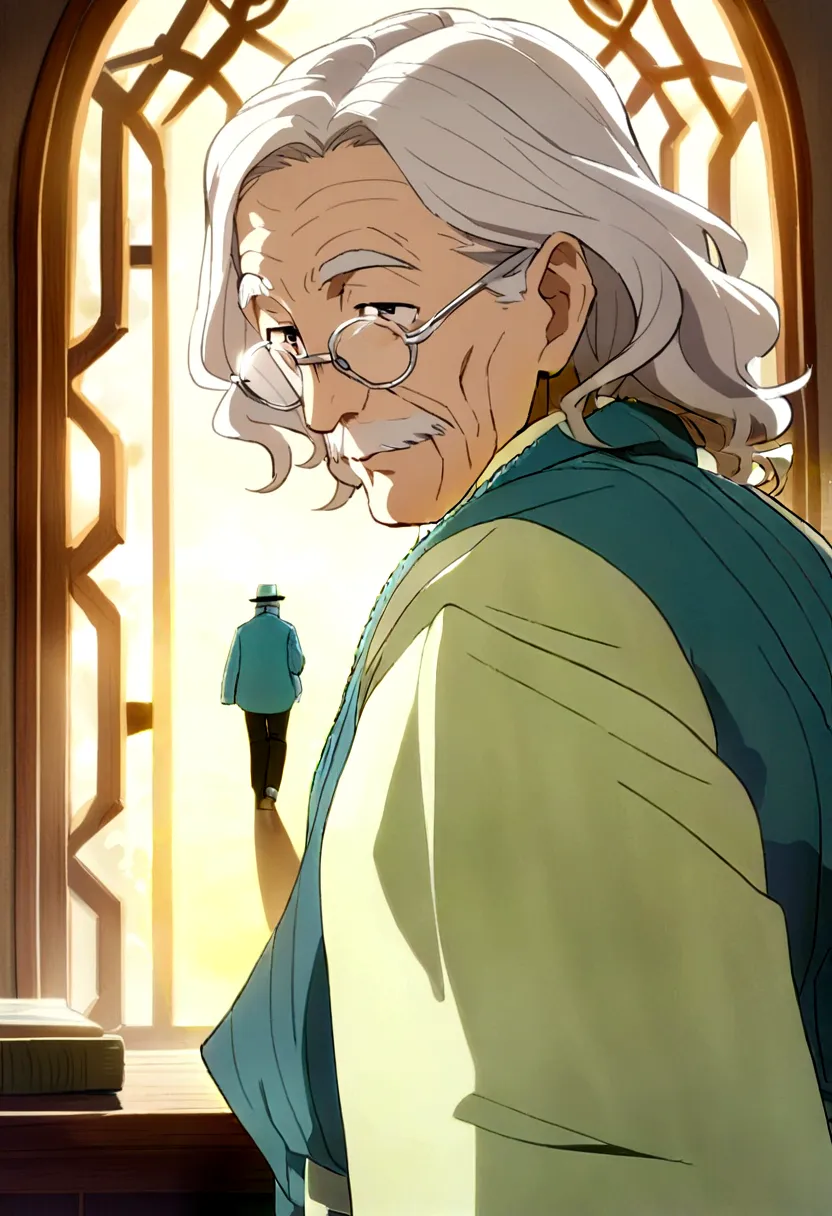 a blue seersucker norfolk jacket, elderly man, anime, intricate detailed clothing, 8k, masterpiece, blue colors, dynamic composi...