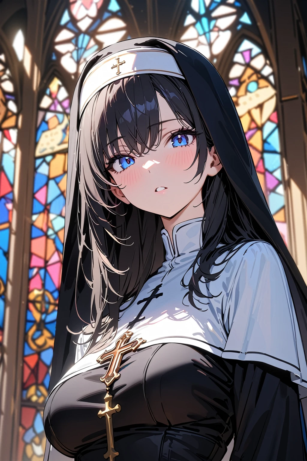 (masterpiece, best quality:1.5), (ultra detailed, high resolution, 8k, beautiful detailed, UHD, best anatomy), 1 cool girl, black hair, medium breasts, nun's habit, church, stained glass, Intense gaze, cross, Blurry background