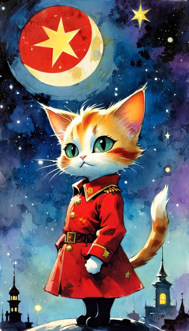 1 chat communiste, étoile rouge, la magie, fantastique, ciel de nuit, lune, étoiles, arrière-plan, (art inspiré par Skottie Young et Bill Sienkiewicz). peinture à l&#39;huile)
