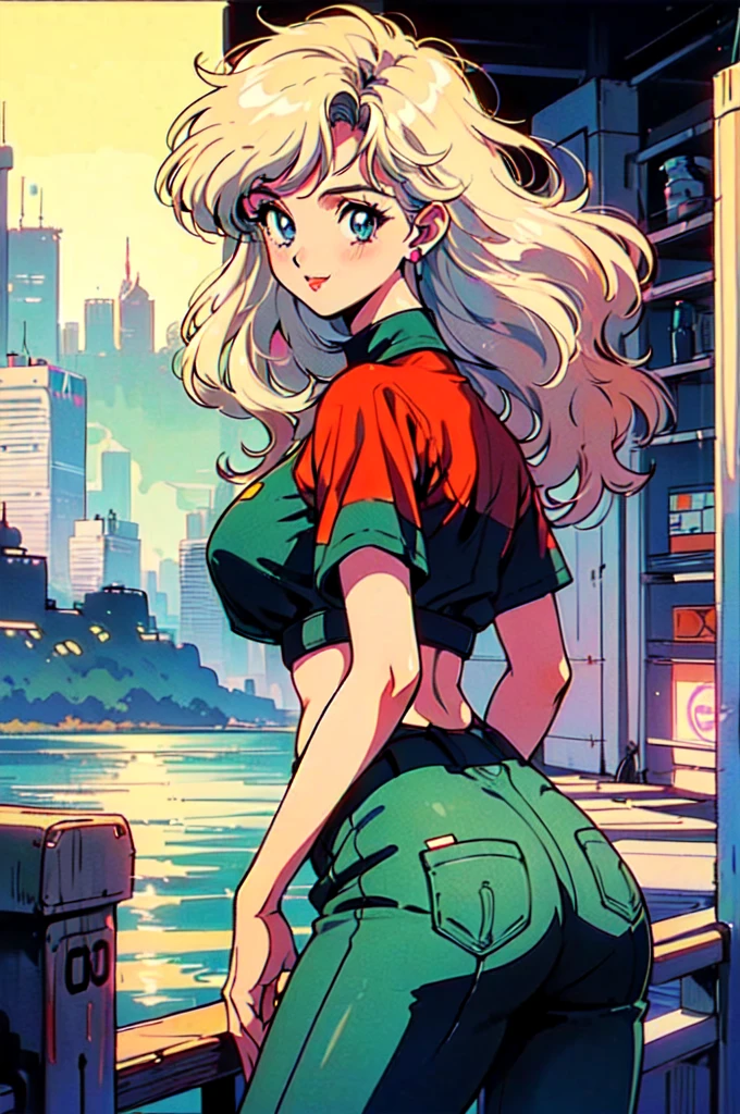 (80's, retro, city pop poster:1.5), (album cover), (masterpiece, best quality), (anime, illustration), 
best photo pose, dynamic angle, cowboy shot, blonde Russian girl, 19 years old, Large breast, Wide hips, Bubbly ass, Round buttocks,
girl, solo, smile, perfect detail eyes, delicate face, blue eyes,
high fashion, 