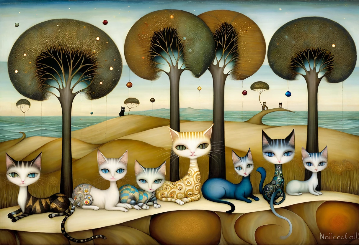 Patchwork de Klimt, Nicoletta Ceccoli, Naoto Hattori, Laurent Didier, Léonora Carrington. Dans un paysage marin avec des dunes de sable et des touffes d&#39;herbe, des chats au long cou et à la queue de différentes couleurs sont allongés sur les branches des arbres.