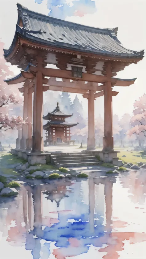 (masterpiece),(Highest quality:1.2),(Very detailed:1.2),(High resolution),(((watercolor))),8K,wallpaper,Japanese Temples