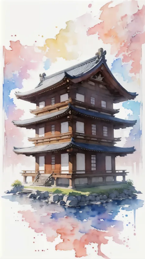 (masterpiece),(Highest quality:1.2),(Very detailed:1.2),(High resolution),(((watercolor))),8K,wallpaper,Japanese Temples