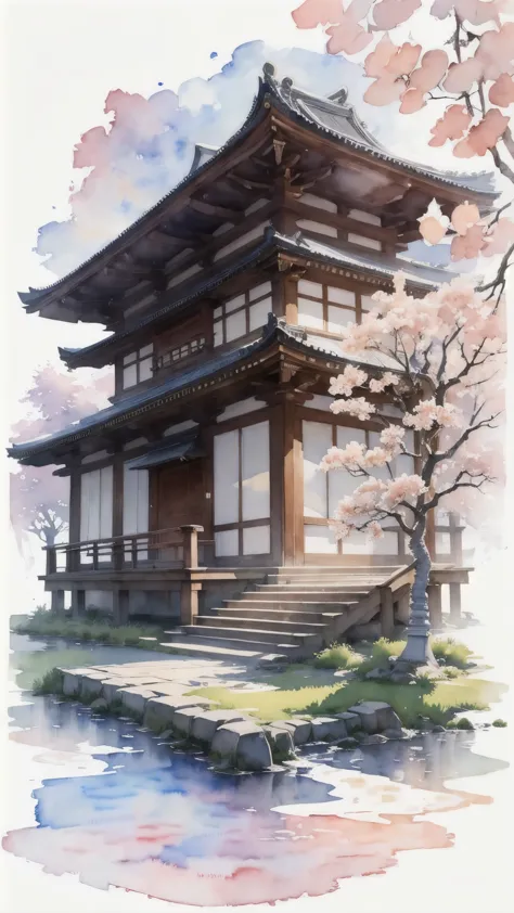 (masterpiece),(Highest quality:1.2),(Very detailed:1.2),(High resolution),(((watercolor))),8K,wallpaper,Japanese Temples