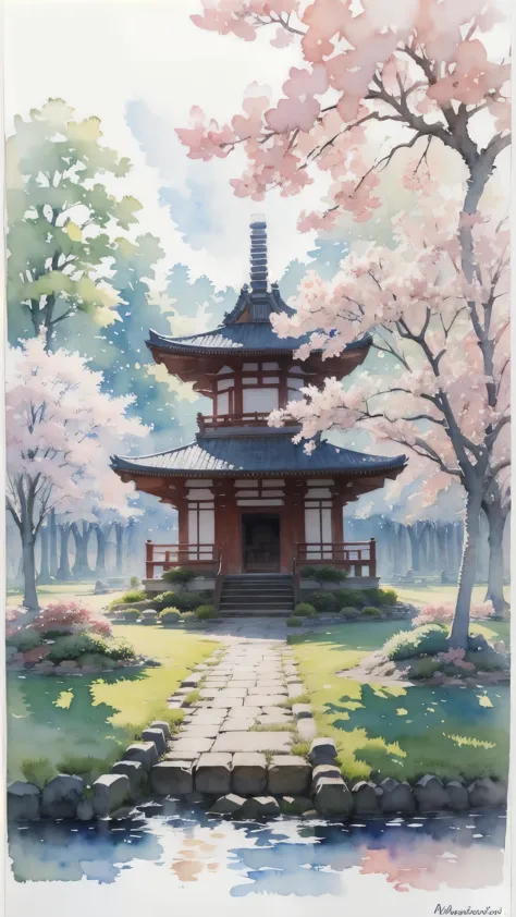 (masterpiece),(Highest quality:1.2),(Very detailed:1.2),(High resolution),(((watercolor))),8K,wallpaper,Japanese Temples,spring