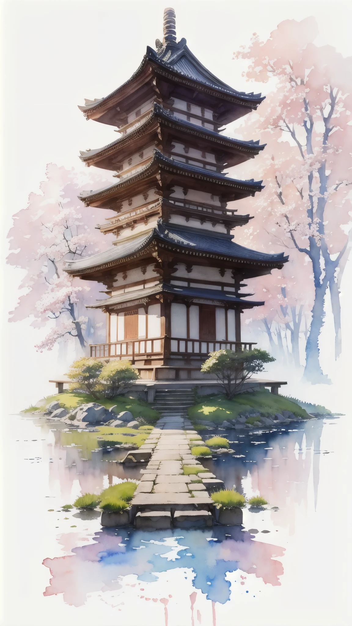 (obra de arte),(mais alta qualidade:1.2),(Muito detalhado:1.2),(Alta resolução),(((aquarela))),8K,papel de parede,templos japoneses,primavera