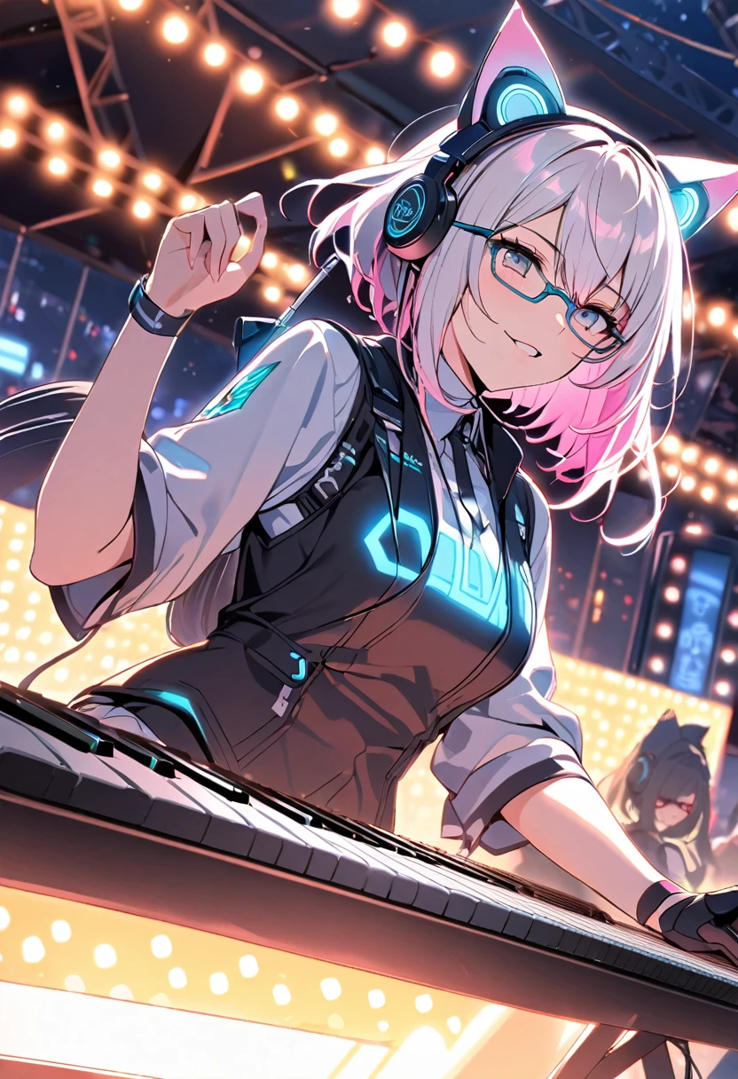 Beautiful robot, kind, single, 1 girl, neon glowing hair, wears Via glasses, headphones, cat ears, black vest decorated with hi-tech. Play keyboard music Stage venue, night, lights, neon