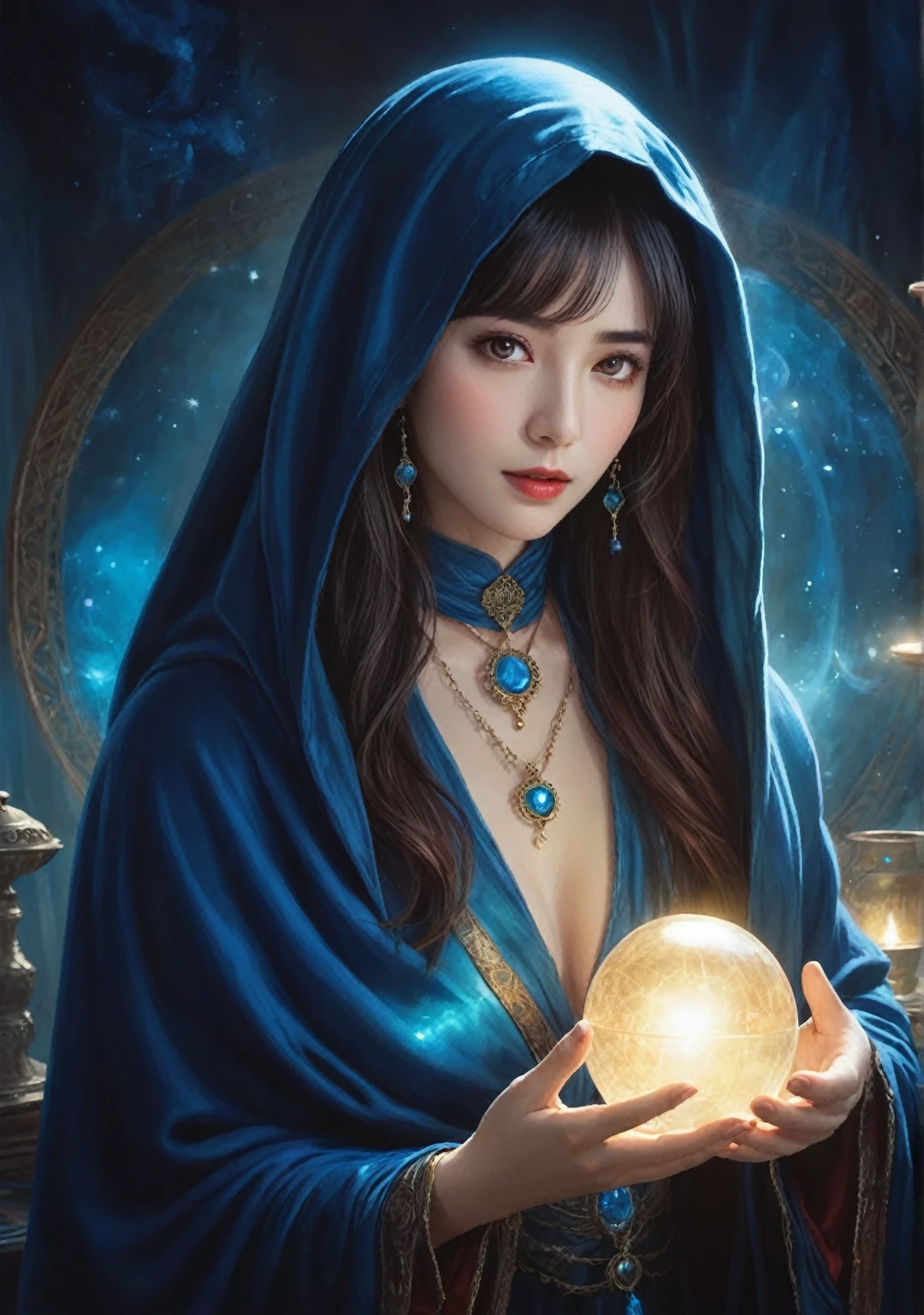 ((facing front:1.5)),Female fortune teller. Attractive, beautiful and mysterious. She wears a blue cloak and has distinct features. The atmosphere is bright and sparkling, full of anxiety and anticipation. A fortune teller is standing there. The body is facing forward. he is looking at you He holds a crystal ball in his right hand. The lighting in the room is bright, creating a magical atmosphere. Best picture quality, 4k or 8k resolution. The level of detail is very detailed and realistic, close to photorealism. Artistic style should reflect an official aesthetic with bright colors and strong contrasts. The color palette should emphasize the mystical and mystical theme of the work. The fortune teller's cloak is decorated with metal edging with a thickness ratio of 1.5 and intricate designs. The overall atmosphere is magical, like a starry sky. The expression on the fortune teller's face should arouse mystical interest.