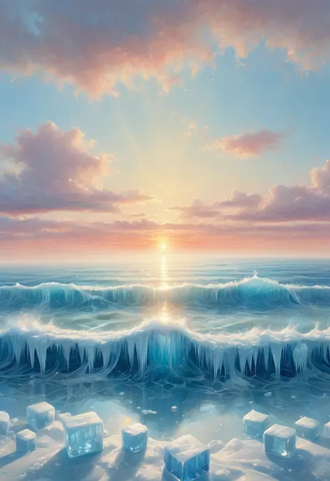 an oil painting：(((sunrise，ocean，horizon，peaceful)))，(ice cubes里的红色玫瑰：1.37)，ice cubes，frozen rose，refracted light