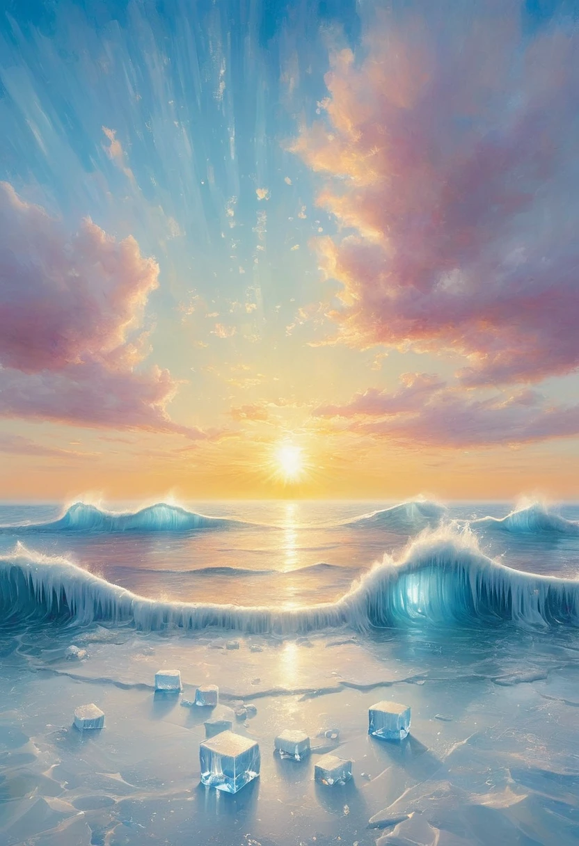 An oil painting：(((sunrise，Ocean，horizon，peaceful)))，(Ice cubes里的红色玫瑰：1.37)，Ice cubes，Frozen Rose，Refracted Light