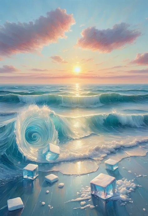 an oil painting：(((sunrise，ocean，horizon，peaceful)))，(ice cubes里的红色玫瑰：1.37)，ice cubes，frozen rose，refracted light