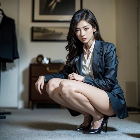 arafed asian woman Wearing a business suit squatting on the floor, Wearing white panties，Wearing a business suitいる, Girl in suit...
