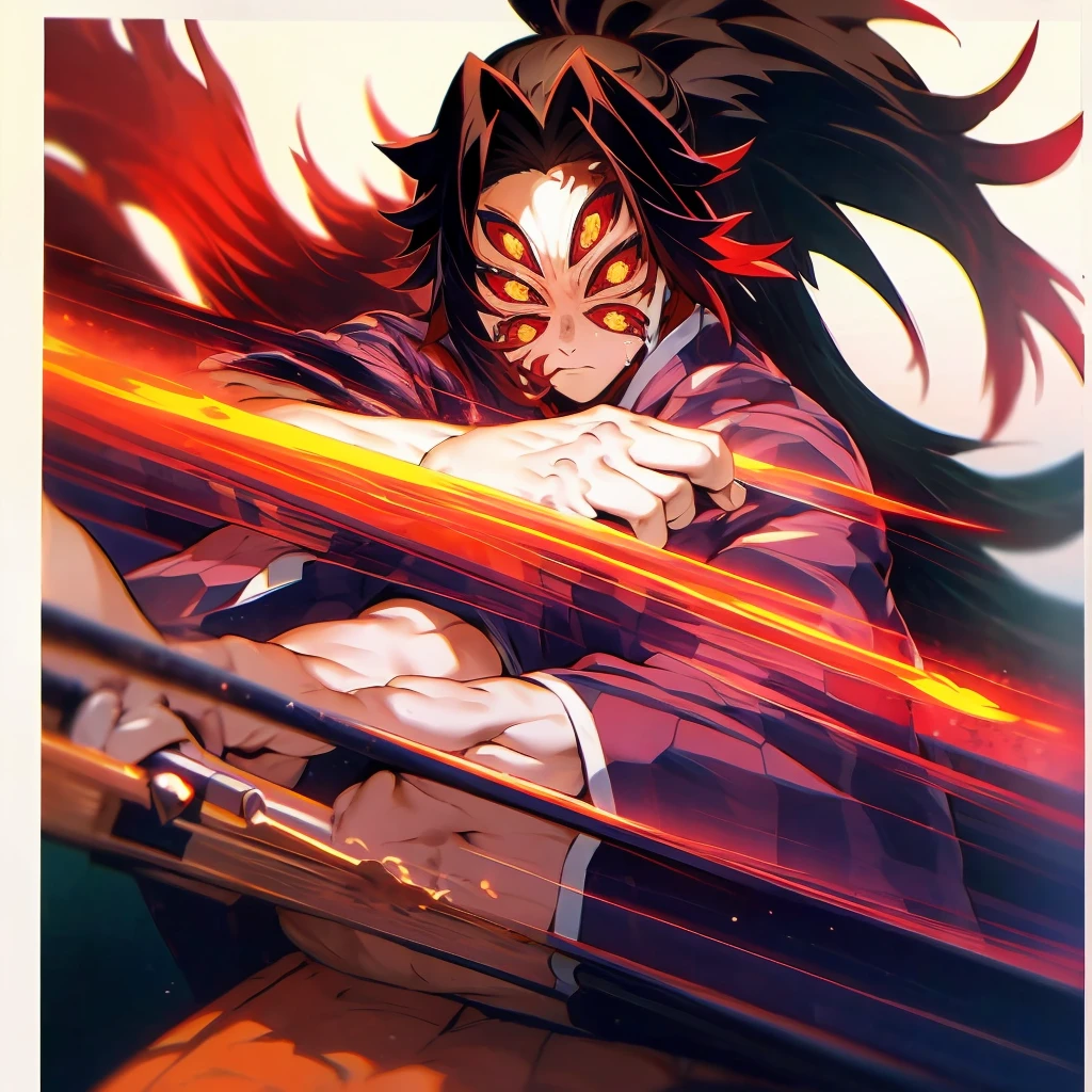 Kokushibo, cool, dynamic, 8k, with Kokushibo's sword, in fire - SeaArt AI