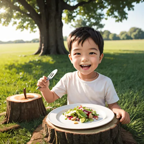 A child smiling positively with his mouth open holding a fork eating happily in nature with a plate on a tree stump and salad on...