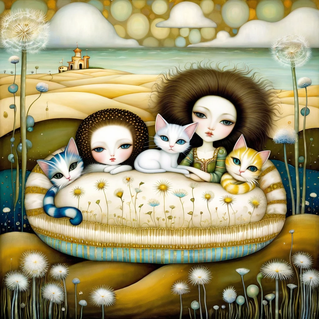 Patchwork by Klimt, Nicoletta Ceccoli, Naoto Hattori, Lawrence Didier, Leonora Carrington. In a seascape with sand dunes and clumps of grass, cats with long necks and tails of different colors rest lying on soft pillows of white dandelion flowers