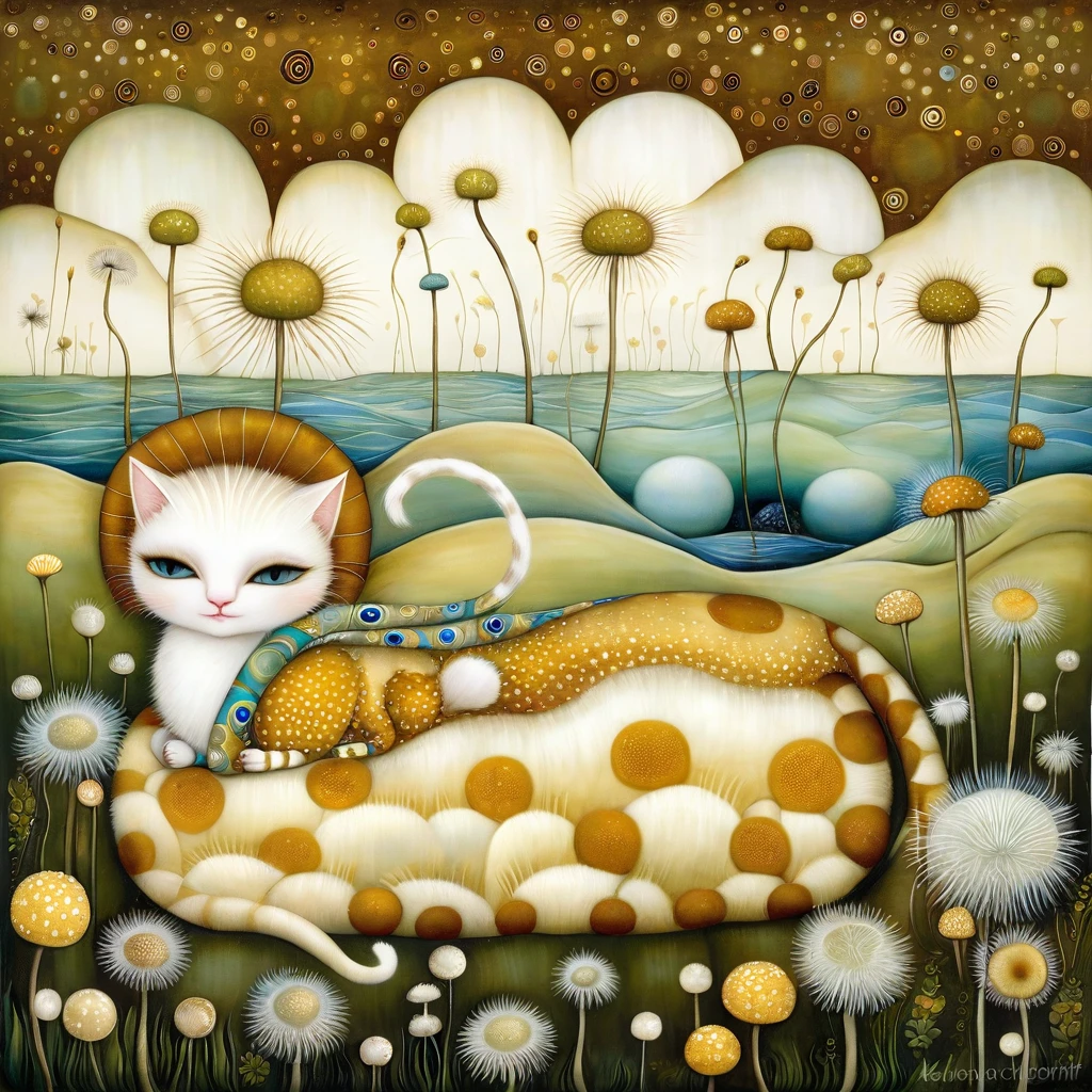 Patchwork by Klimt, Nicoletta Ceccoli, Naoto Hattori, Lawrence Didier, Leonora Carrington. In a seascape with sand dunes and clumps of grass, cats with long necks and tails of different colors rest lying on soft pillows of white dandelion flowers