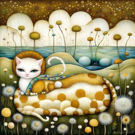 patchwork by klimt, nicoletta ceccoli, naoto hattori, lawrence didier, leonora carrington. in a seascape with sand dunes and clu...