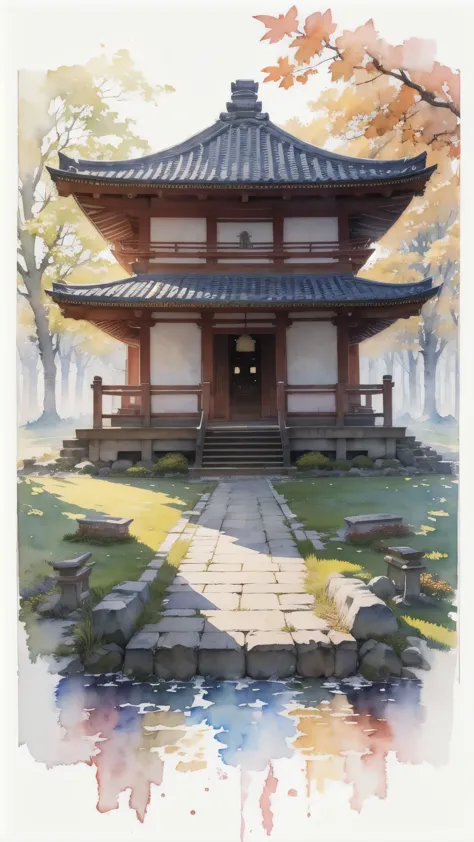 (masterpiece),(Highest quality:1.2),(Very detailed:1.2),(High resolution),(((watercolor))),8K,wallpaper,Japanese Temples,autumn