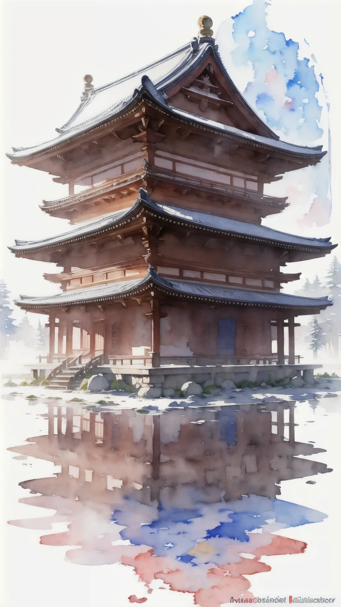(obra de arte),(mais alta qualidade:1.2),(Muito detalhado:1.2),(Alta resolução),(((aquarela))),8K,papel de parede,templos japoneses,inverno