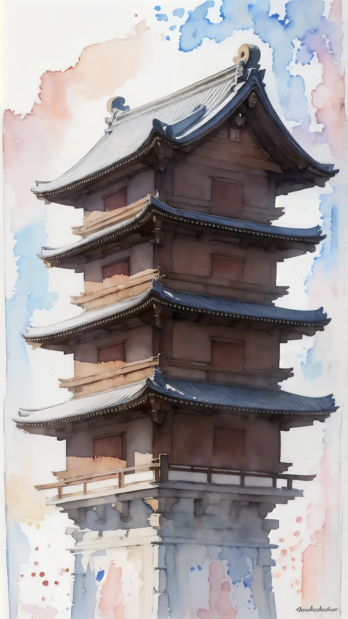 (шедевр),(высшее качество:1.2),(очень подробный:1.2),(Высокое разрешение),(((Акварель))),8К,обои,японские храмы,зима