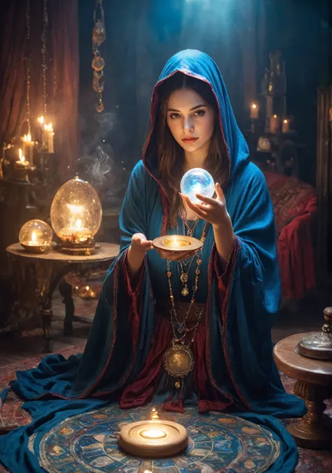 Female fortune teller. Attractive, beautiful and mysterious. She wears a blue cloak and has distinct features. The atmosphere is...