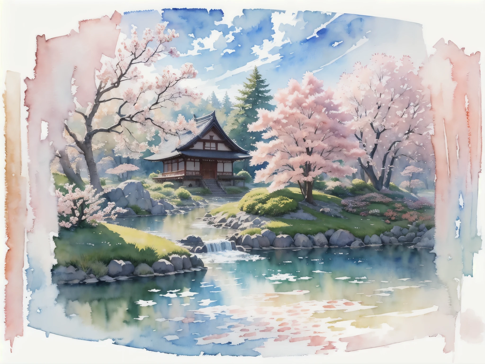 (masterpiece),(Highest quality:1.2),(Very detailed:1.2),(High resolution),(((watercolor))),8K,wallpaper,Japanese garden,spring