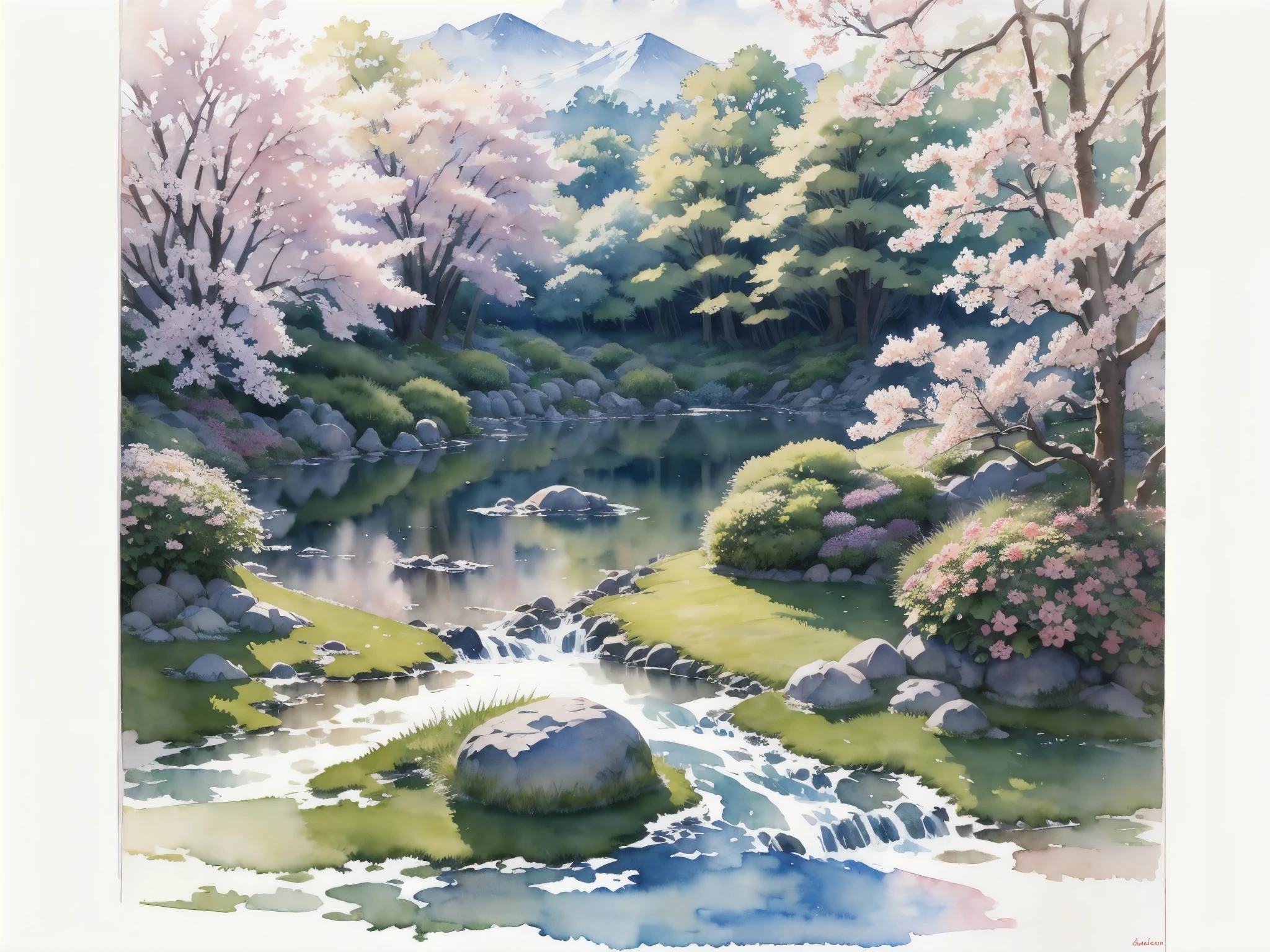 (Meisterwerk),(höchste Qualität:1.2),(Sehr detailiert:1.2),(Hohe Auflösung),(((Aquarell))),8K,Hintergrund,japanischer Garten,Frühling
