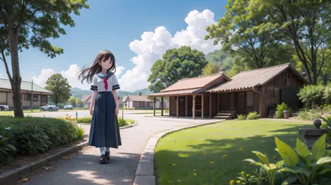 (masterpiece),  town,  blue sky,  one girl,  smile,  alone,  sailor suit、long skirt,  overgrown,  petal,  plant、skirt lining、tra...