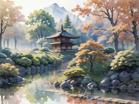 (masterpiece),(Highest quality:1.2),(Very detailed:1.2),(High resolution),(((watercolor))),8K,wallpaper,Japanese garden,autumn