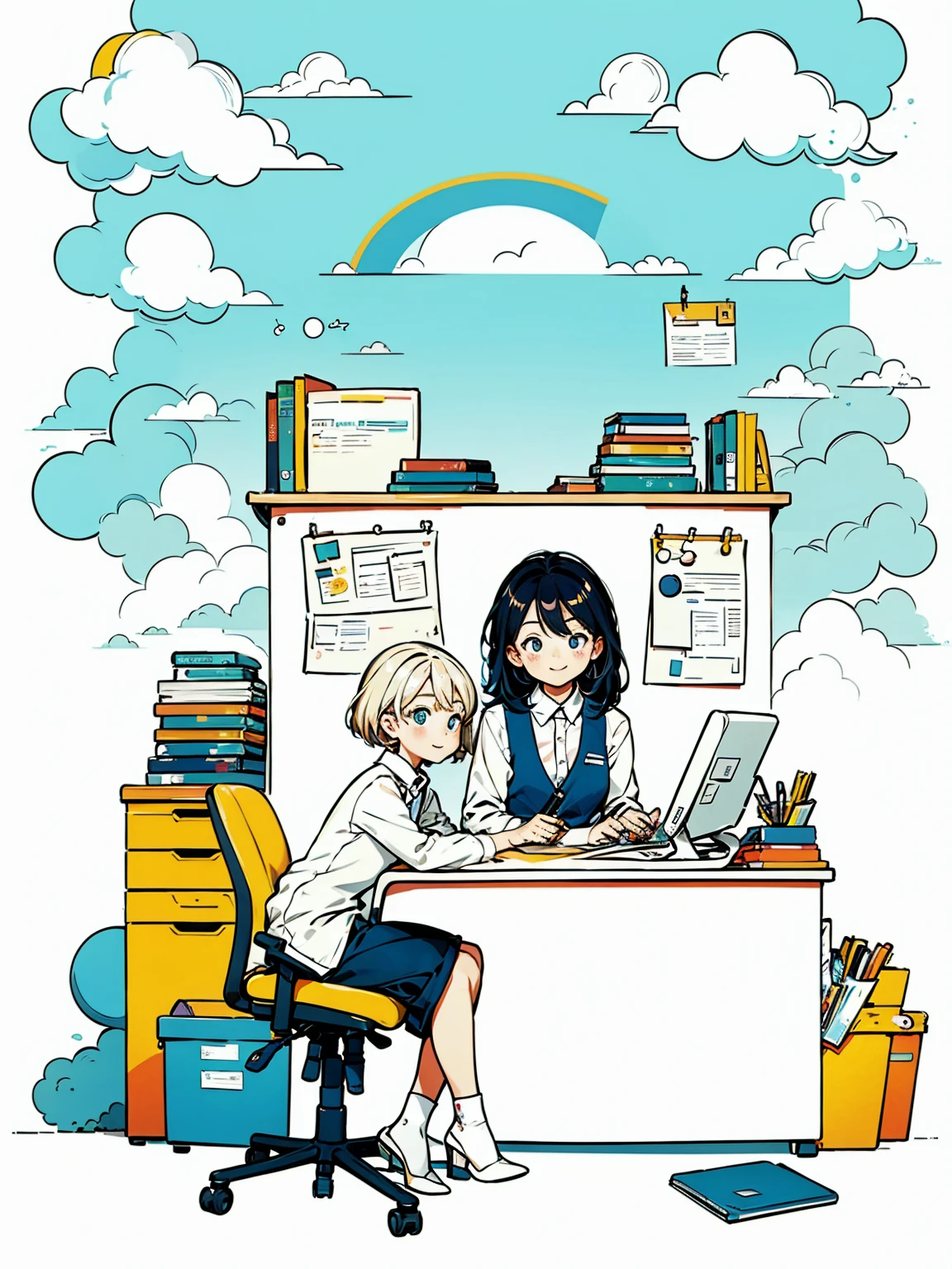 흰색 셔츠와 파란색 조끼를 입은 소녀 한 명，바지，좌석，사무실에서 일하기，긴 머리，웃다，간단한 배경