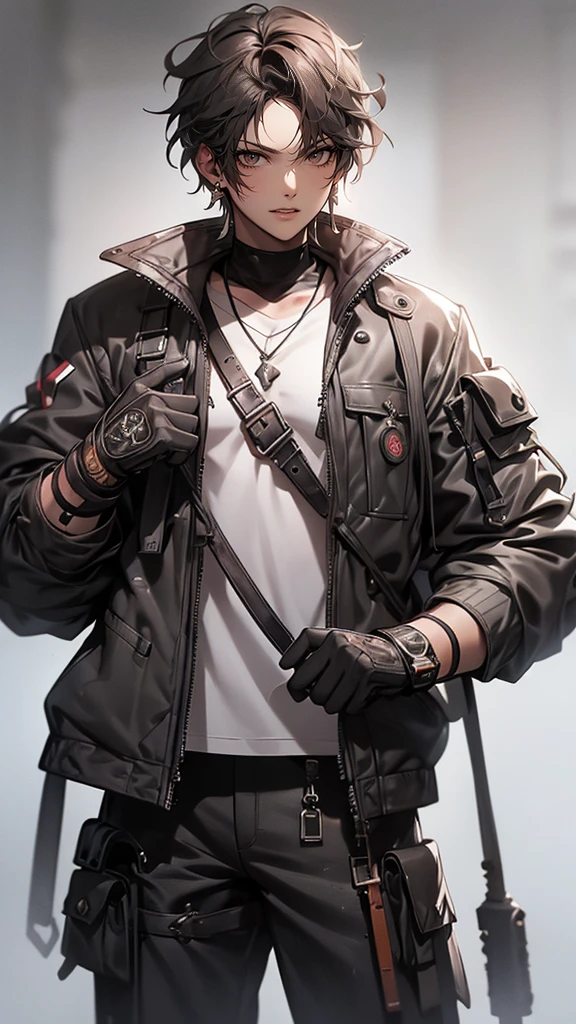 Mafia, male, 45 years old, exuding a dangerous aura, white skin, well-proportioned figure, handsome face, white skin, strong physique, red eyes, brown hair, prominent eyebrows, intricate and detailed retro gun tattoos on both arms, black jacket, pants and gloves, and a stern face. A cigar is biting on his mouth, anime