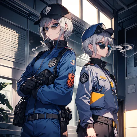 (((Smoke a cigarette　Wear sunglasses　Security Officer　Wear a hat　1 person)))　(((Gray Hair　Short Hair　blue eyes　girl)))，((noon　wi...