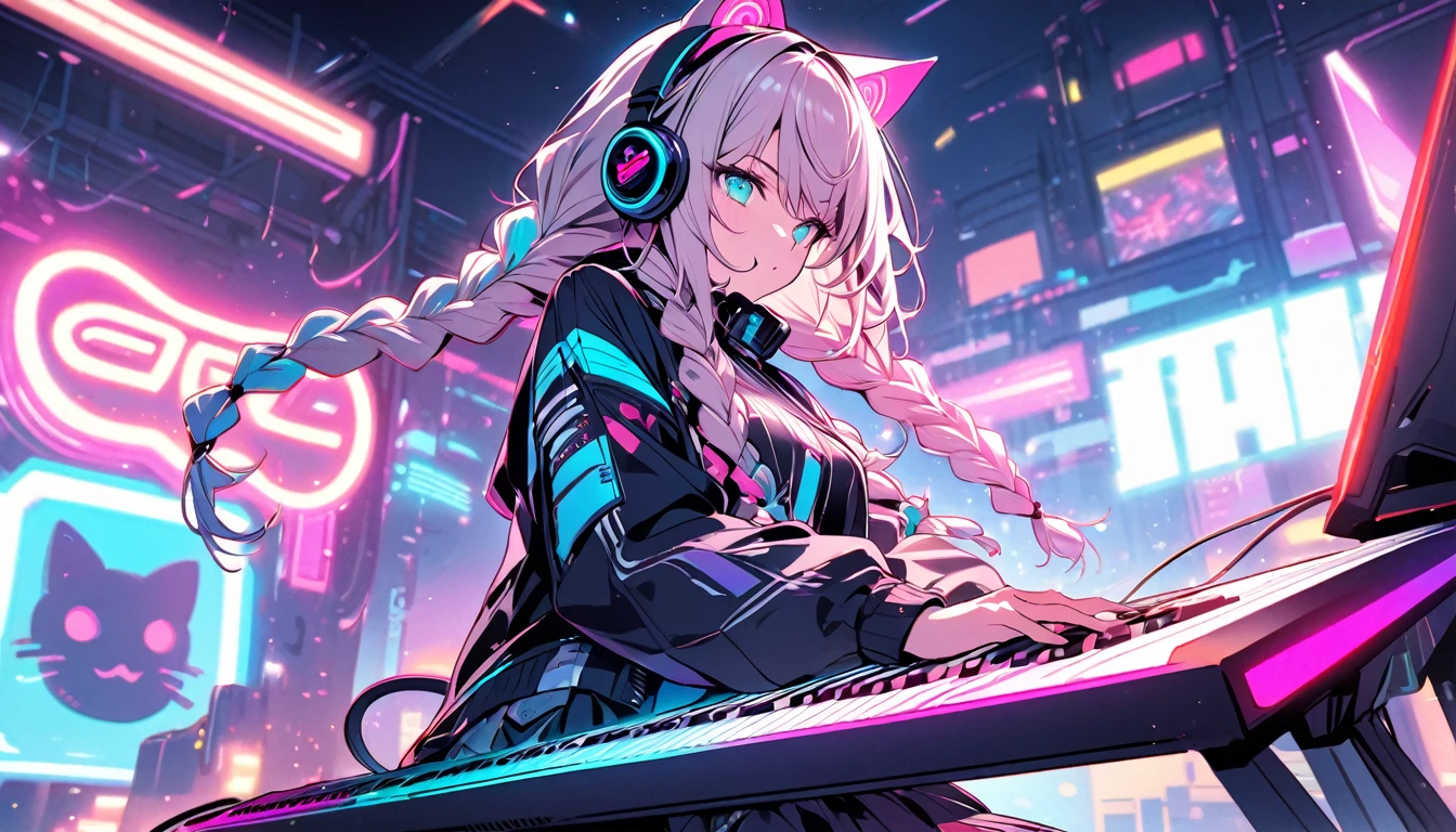 Beautiful 1, single, girl with braids, hair with glowing wires Wears a half hat, headphones, cat ears, mixed with sci-fi and neon tones. In the background is a robot with neon lights. The background image is a large robot, clearly visible. ,on stage, playing keyboard