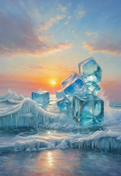 an oil painting：(((sunrise，ocean，horizon，peaceful)))，(ice cubes里的红色玫瑰：1.37)，ice cubes，frozen rose，refracted light