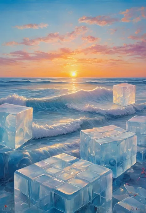 an oil painting：(((sunrise，ocean，horizon，peaceful)))，(ice cubes里的红色玫瑰：1.37)，ice cubes，frozen rose，refracted light