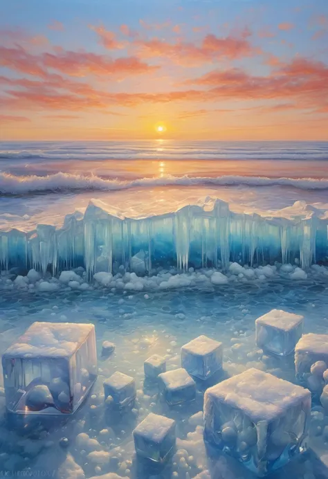 an oil painting：(((sunrise，ocean，horizon，peaceful)))，(ice cubes里的红色玫瑰：1.37)，ice cubes，frozen rose，refracted light