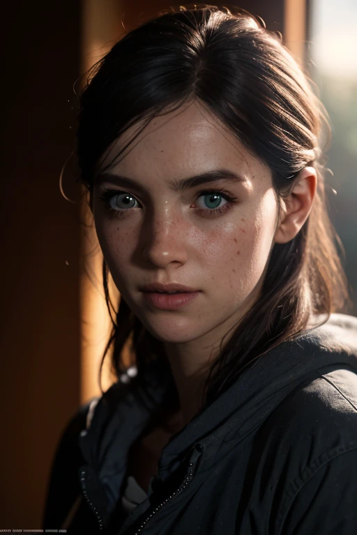 Ellie, tlou2, portrait, sun rays, looking at viewer, award-winning, (8k, RAW photo, best quality, masterpiece:1.2),ultra-detailed, (high detailed skin:1.2), 8k uhd, dslr, soft lighting, high quality, 