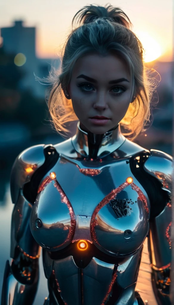 ((film grain, bokeh, light particles ,dust motes, extreme camera angle.)), dynamic pose, full body photo of a young attractive broken cyborg female, eyebrow up, sunrise time, rays reflection, gray strand of hair