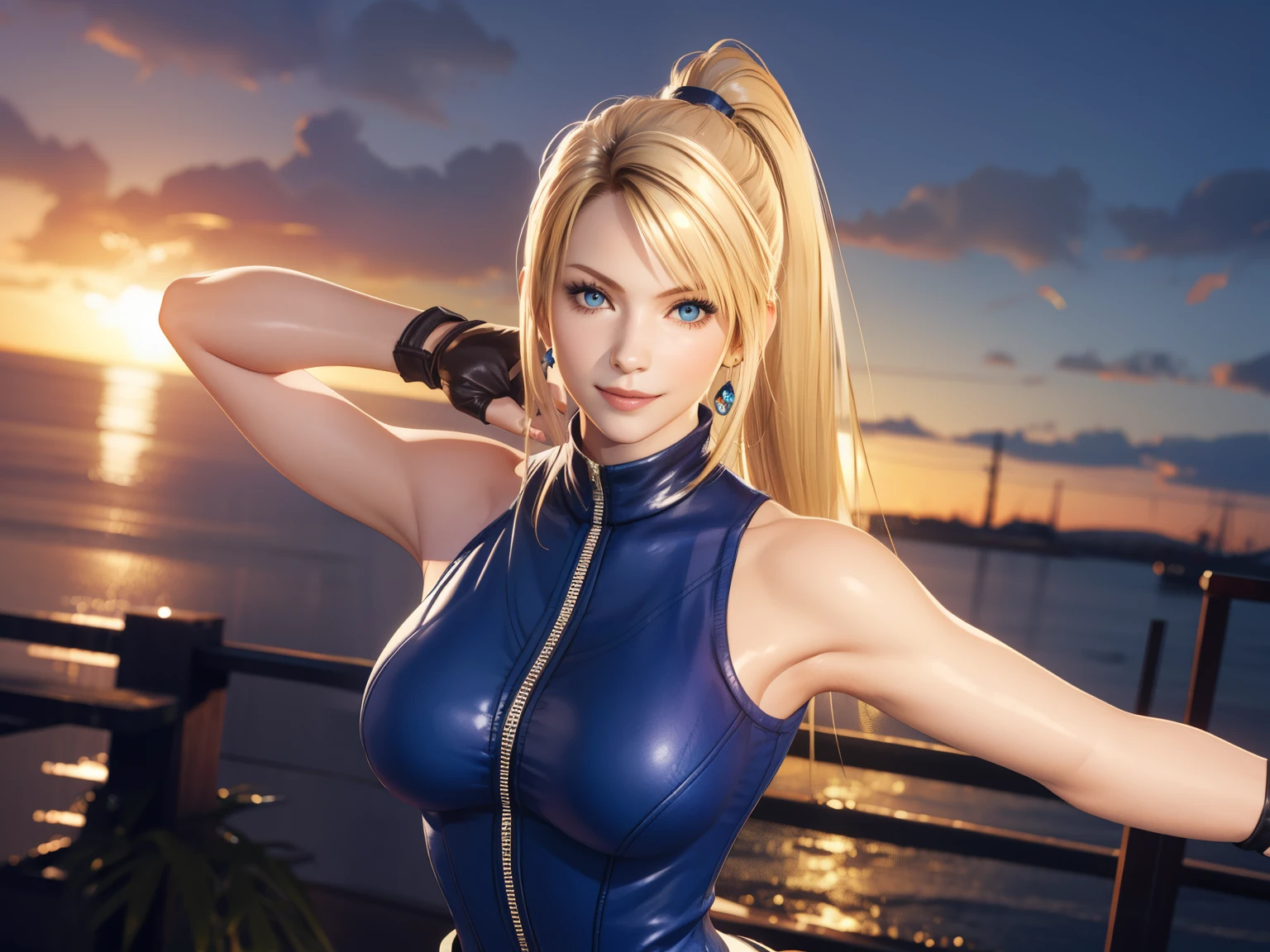 Sarah, blue eyes, very long hair, (shiny skin:1.2), (skinny girl:1.5), blonde hair, high ponytail, floating hair, bodysuit, Shoulders exposed, (arms exposed:1.3), (medium breasts:1.3), (pushed up breasts:0.4), (curvy figure:0.7), (hands behind back:1.4), (tight blue bodysuit:1.1), belt ,(sleeveless:1.6), zipper, boots, high heels, earrings, (short fingerless gloves:1.4), BREAK masterpiece, 1 girl, RAW photo, (best quality:1.2), extremely delicate beautiful, very detailed, 2k wallpaper, amazing, fine details, extremely detailed CG Unity 8k wallpaper, super detailed, high resolution, (beautiful detailed girl:1.2), perfect anatomy, (shiny clothes:0.6), (big smile expression:1.2), (upper body:1.4), (Realistic, Photorealistic:1.0), (thin nose:1.2), (breast focus:1.3), high nose bridge, (blue clothes:1.2)
