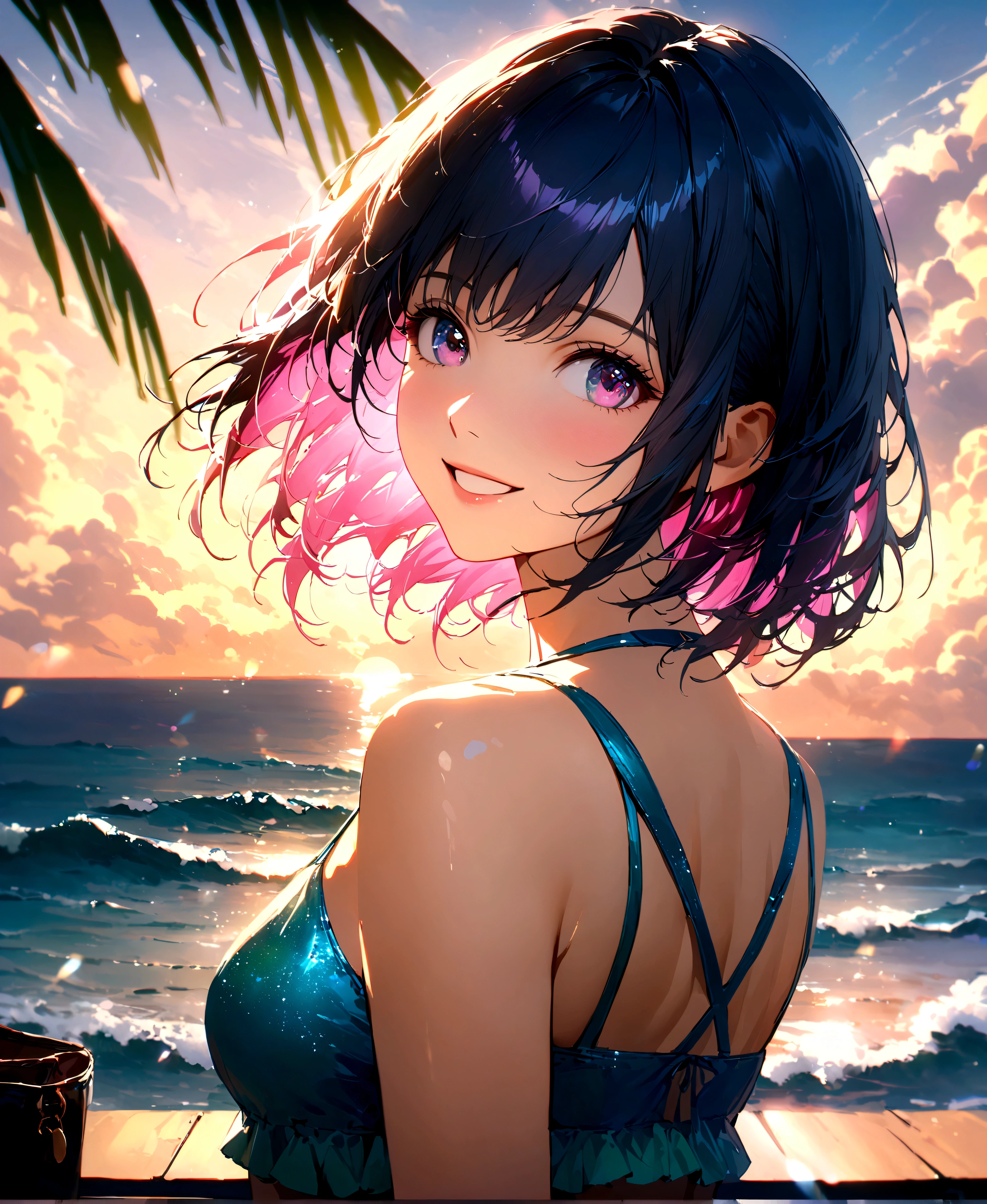 Sparkling sea and tropical ocean, Sunny sky with fluffy white clouds, Palm trees along the coast, Blur the background,Pleasant sea breeze,high school girl,Swimwear,short hair,smile,Glitter effect,Highest quality, 4K, 8K, High resolution, masterpiece:1.2, Very detailed, Realistic:1.37, High resolution, 超High resolution, Ultra-fine painting, Sharp focus, Physically Based Rendering, Very detailedな説明, Professional, Vibrant colors